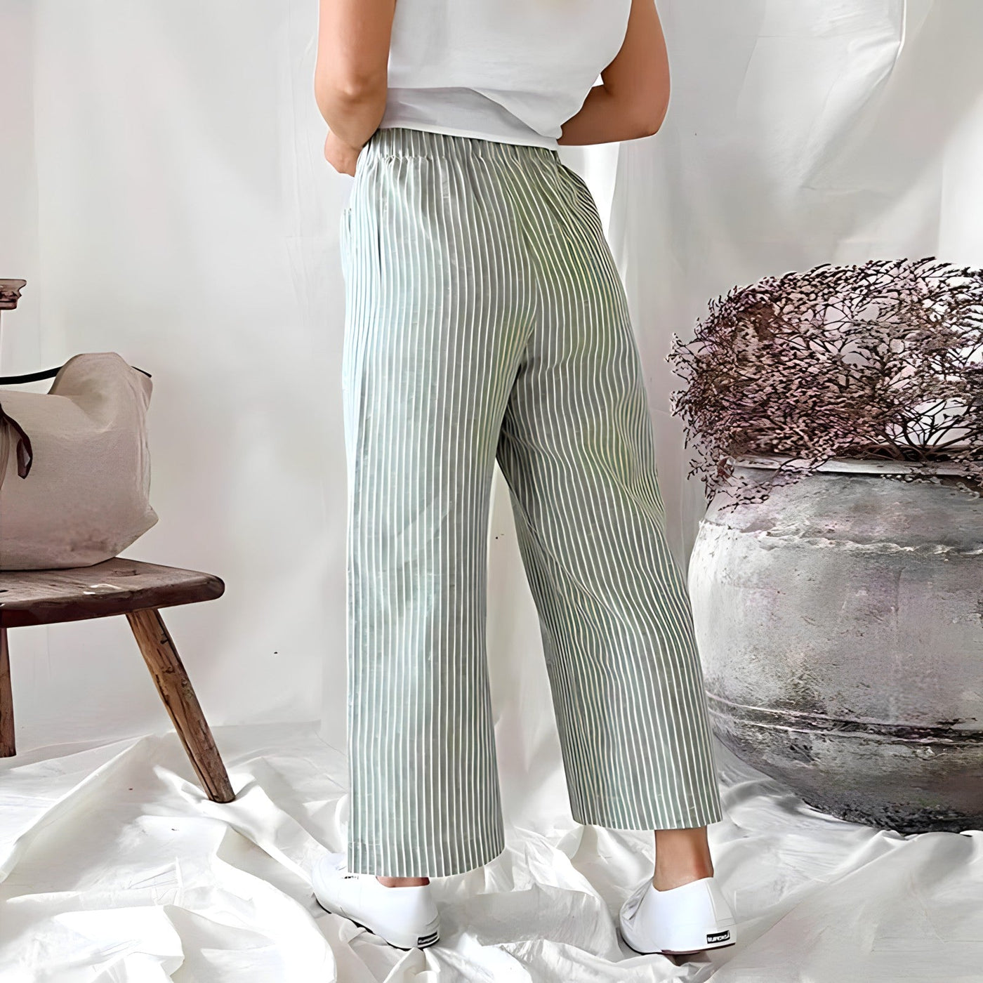 Women's Wide Leg Striped Cotton Trousers - Alivna