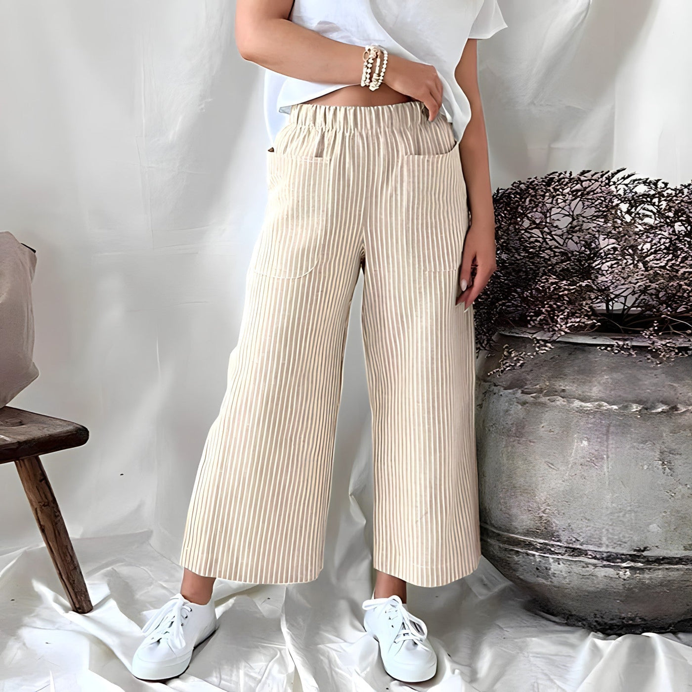 Women's Wide Leg Striped Cotton Trousers - Alivna