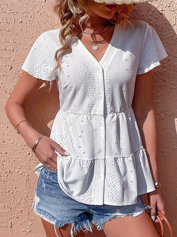 Enna - Embroidered frill blouse with V-neck and buttons
