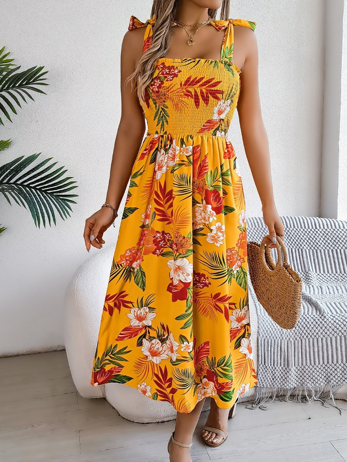Women's long strapless dress with tropical floral print - Kailani