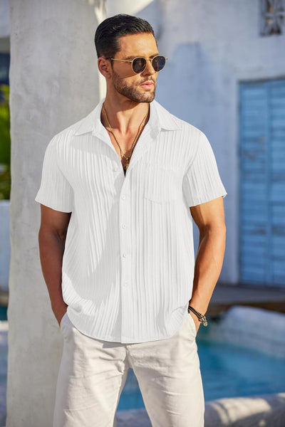 Men's casual short sleeve white ribbed textured shirt - Adrien