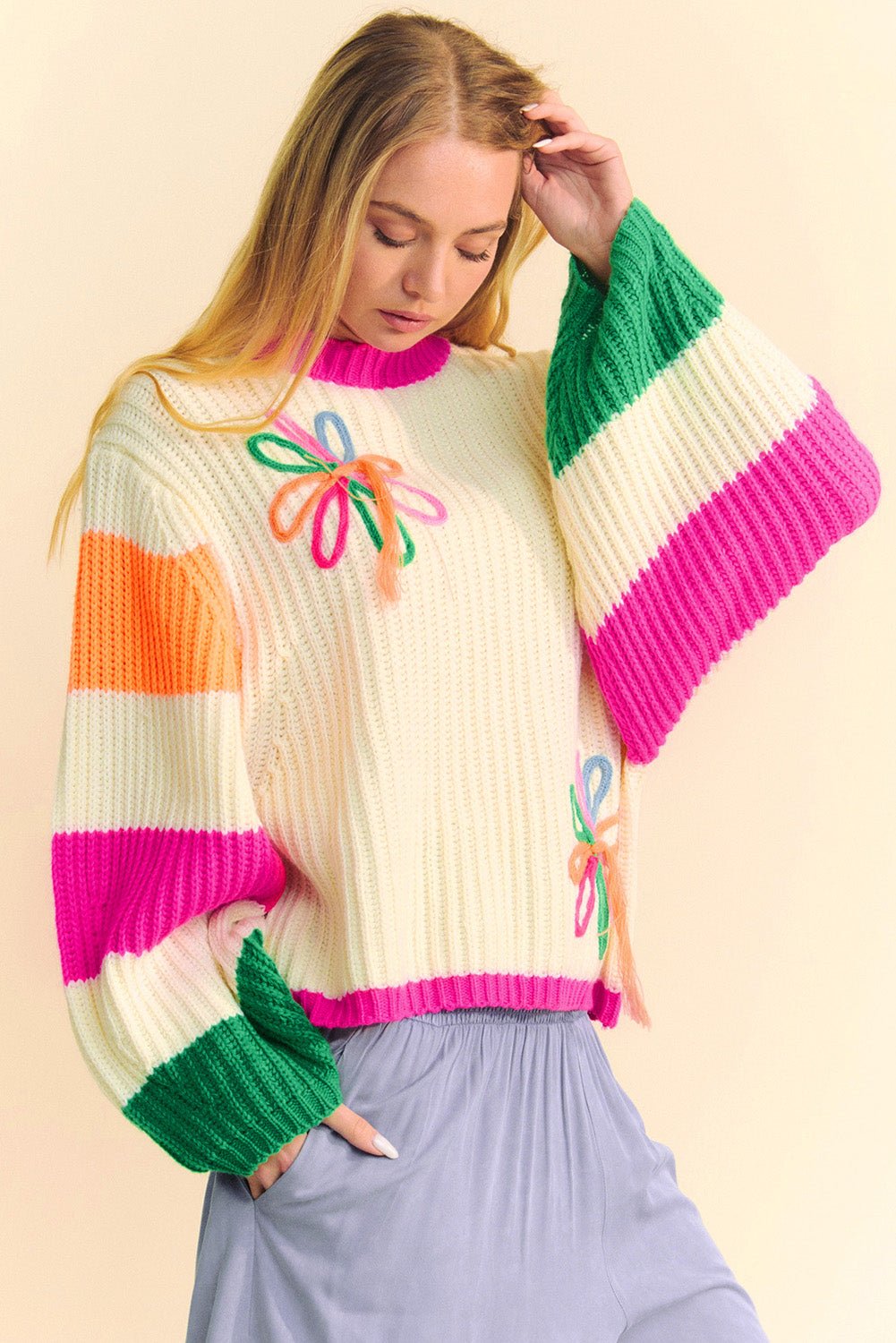 Women's Sweater - Multicolor Chunky Knit with Flower Detail - Amara