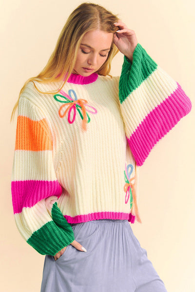 Women's Sweater - Multicolor Chunky Knit with Flower Detail - Amara