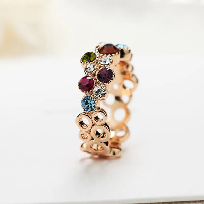 Women's Multicolor Crystal Ring Gold-Plated Band - Elena