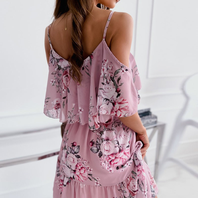 Women's short floral chiffon dress with ruffles and bare shoulders - Emilia