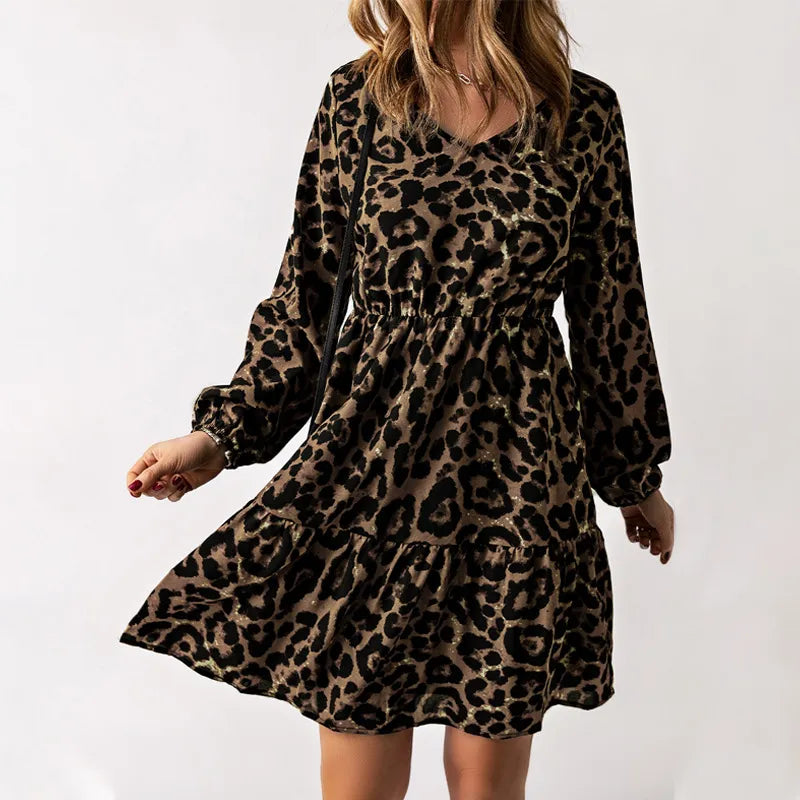 Enna - Women's Leopard Print Long Sleeve Dress