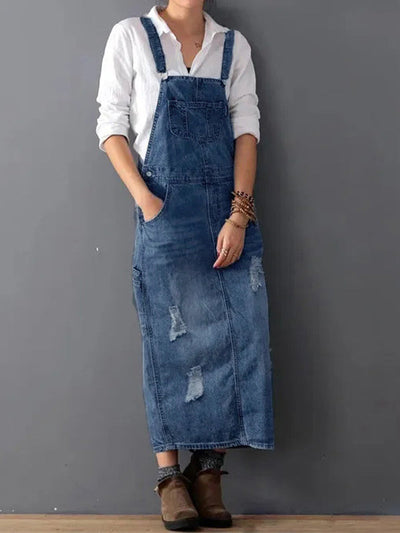 Bib dress in distressed denim with slit at the back - Lara