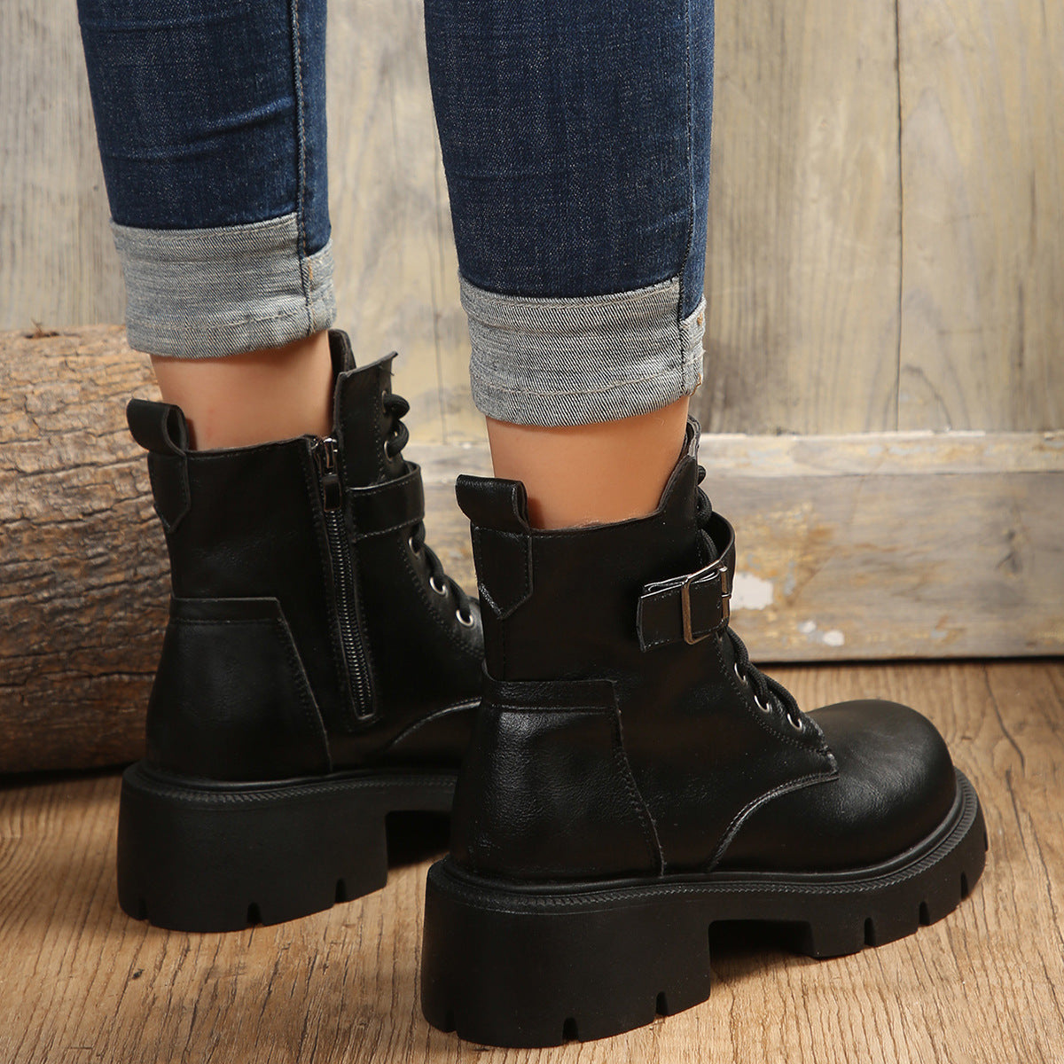 Ada - Woman combat boots half wool with thick heel