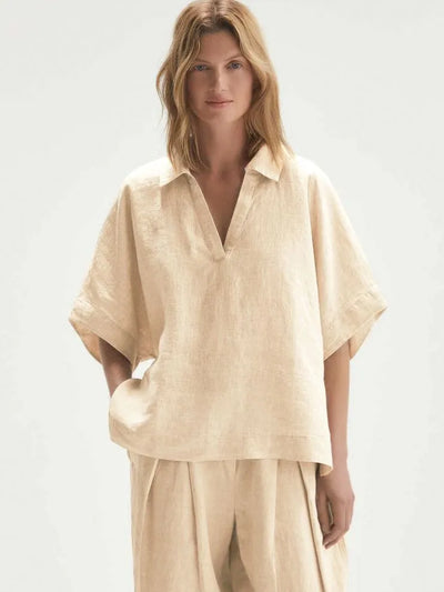 Velia - V-Neck Short Sleeve Top & High-Waisted Trousers Set