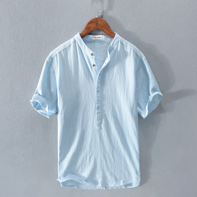 Men's casual style cotton linen linen sky blue button down shirt - Elias