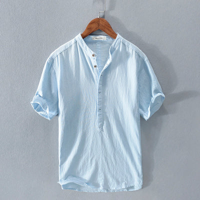 Men's casual style cotton linen linen sky blue button down shirt - Elias