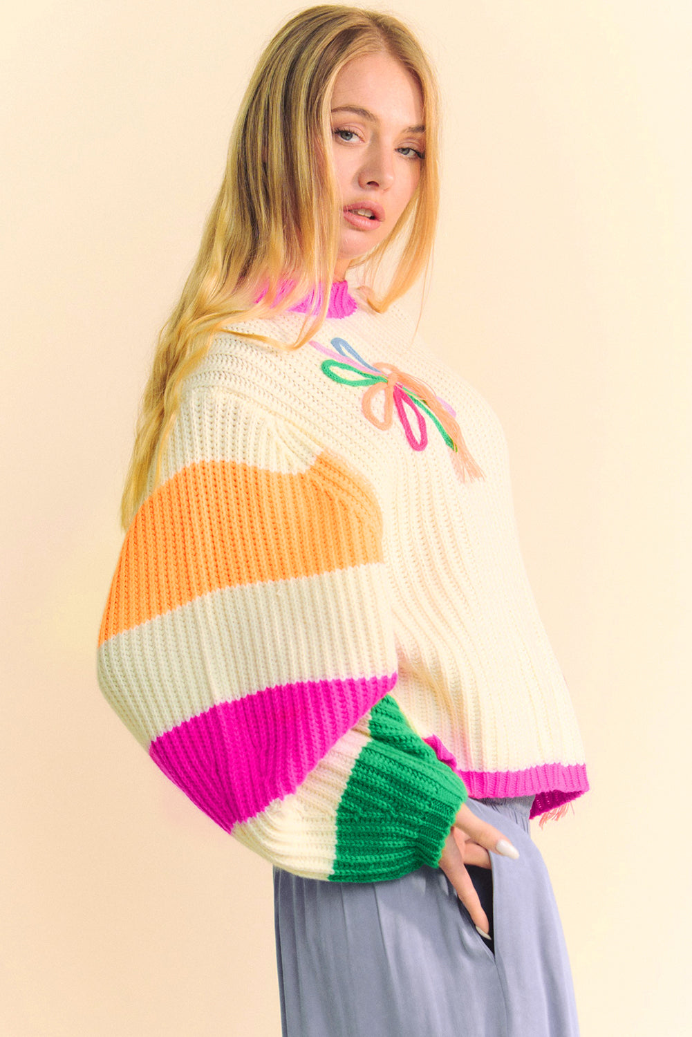 Women's Sweater - Multicolor Chunky Knit with Flower Detail - Amara