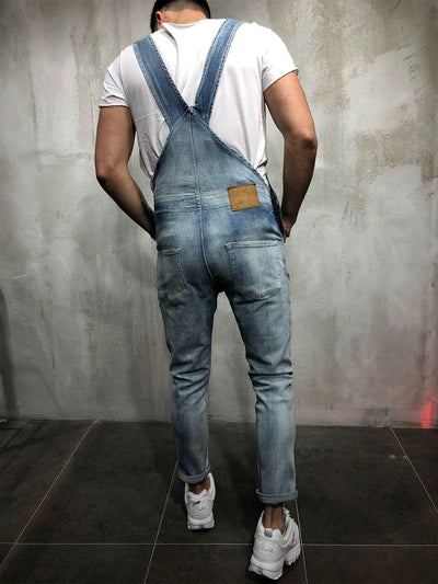 Men's Skinny Fit Distressed Denim Overalls