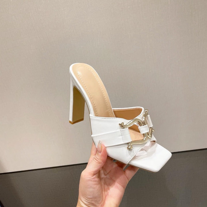 Women's high heel sandals with elegant black double metallic buckle - Kalisa