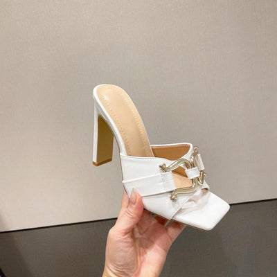 Women's high heel sandals with elegant black double metallic buckle - Kalisa