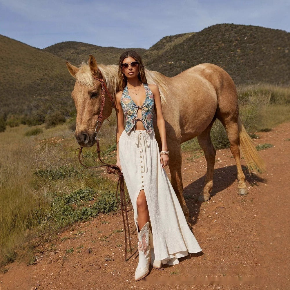 Women's long linen skirt with front slit in flowing style - Martina