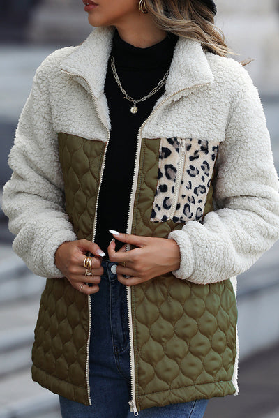 Élise - Sherpa jacket with zip and stand-up collar with leopard patches