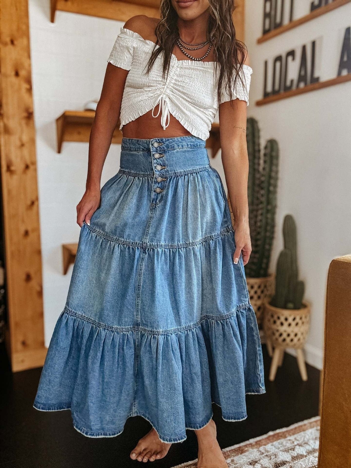 Women's long denim skirt with ruffles bohemian style - Alaya
