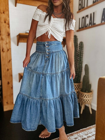 Women's long denim skirt with ruffles bohemian style - Alaya