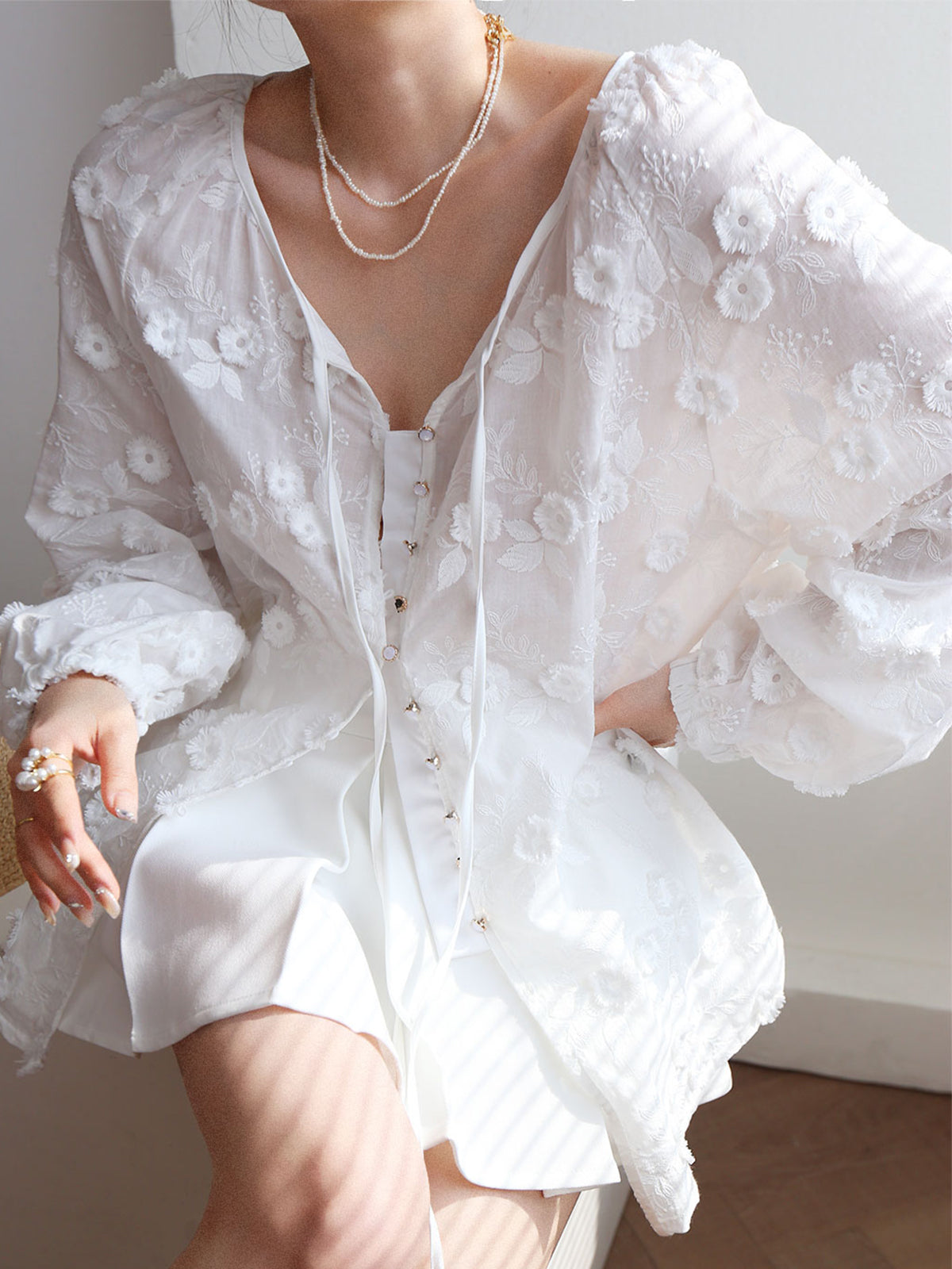 Sophie - Oversized Semi-Sheer Embroidered Floral Blouse
