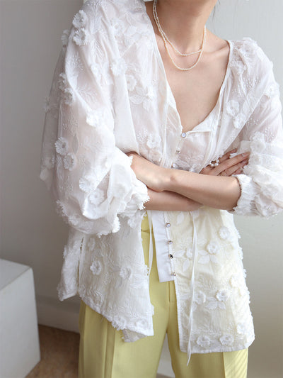 Sophie - Oversized Semi-Sheer Embroidered Floral Blouse