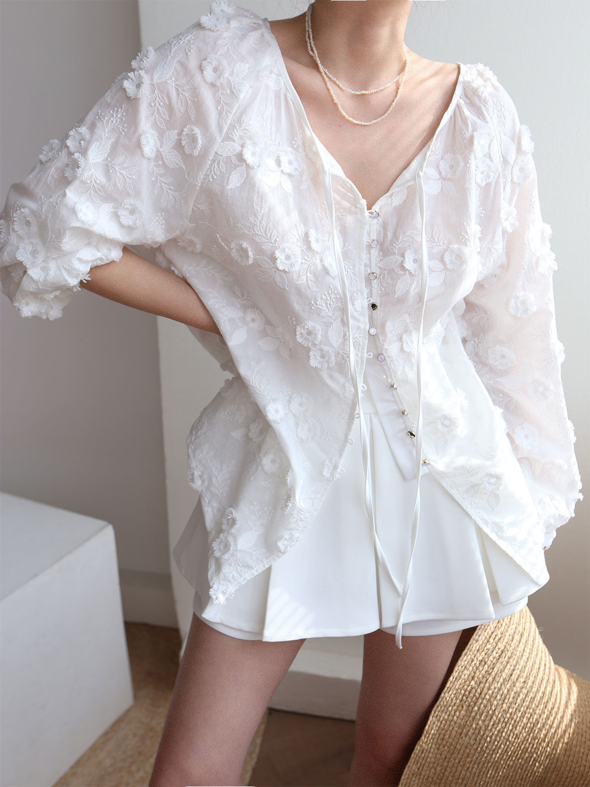 Sophie - Oversized Semi-Sheer Embroidered Floral Blouse