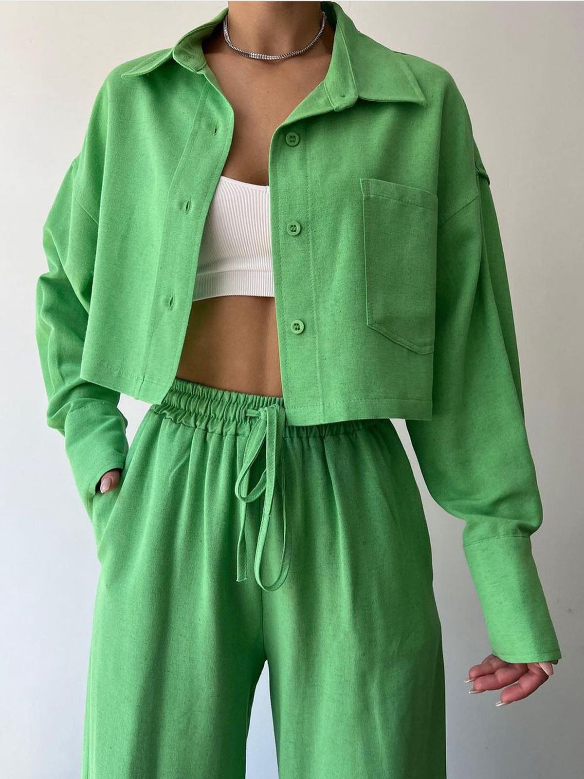 Vilma - Collared Zip-Up Top & Drawstring Pants Two Piece Set