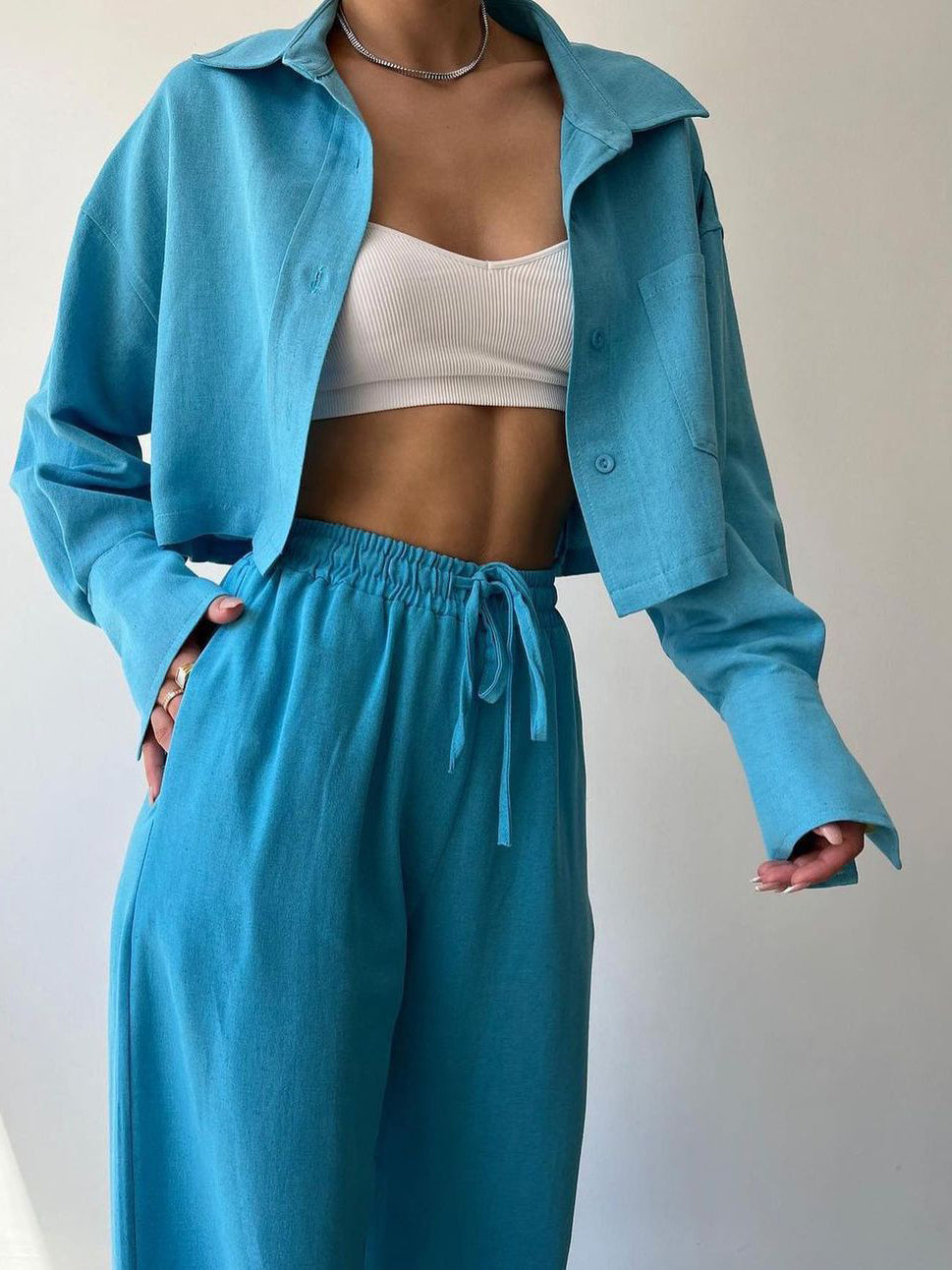 Vilma - Collared Zip-Up Top & Drawstring Pants Two Piece Set