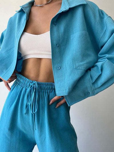 Vilma - Collared Zip-Up Top & Drawstring Pants Two Piece Set