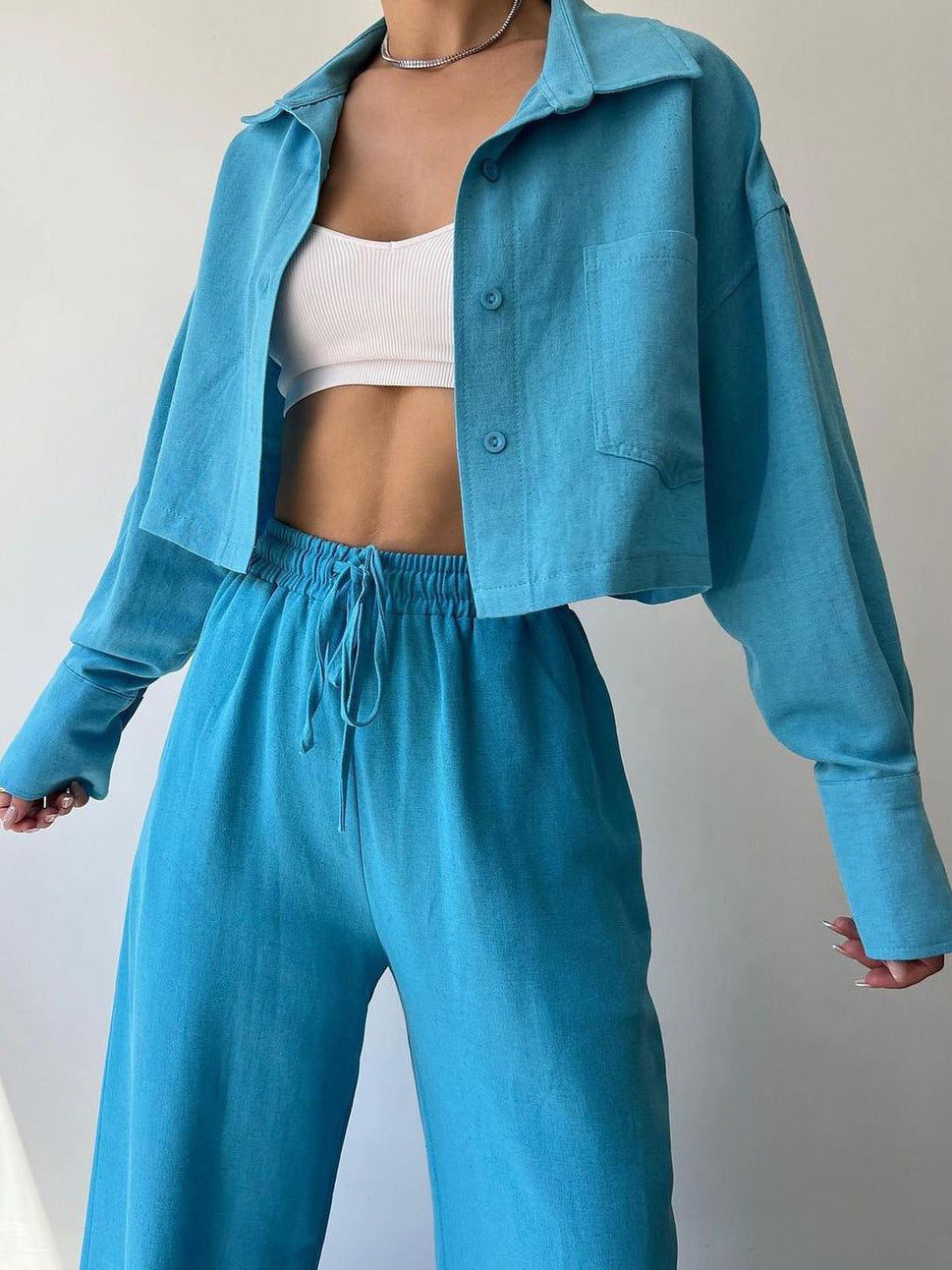 Vilma - Collared Zip-Up Top & Drawstring Pants Two Piece Set