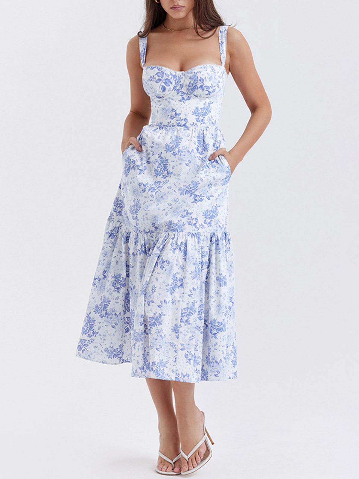 Clarise - Floral Pockets Zippered Long Dress
