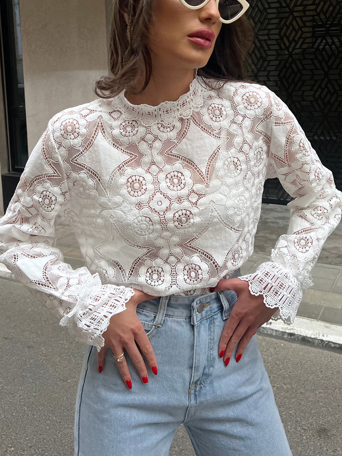 Blouse - Women - Long Sleeve Lace Top with High Neck - Elvire