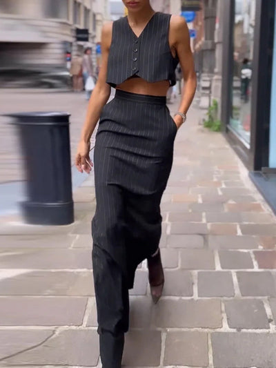Gilda - Pinstripe Button Crop Two Pieces Skirt Set