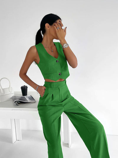 Set - Women - Sleeveless Blazer Crop Top and High-Waisted Wide-Leg Trousers - Tailored Look - Giulia
