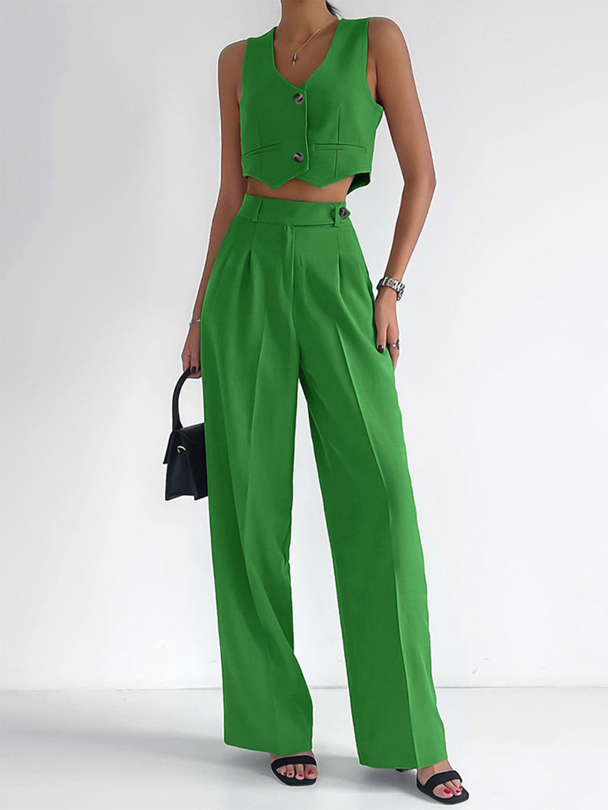 Set - Women - Sleeveless Blazer Crop Top and High-Waisted Wide-Leg Trousers - Tailored Look - Giulia