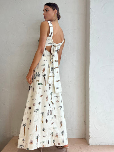 Aroa - Tropical Print Knotted Long Dress