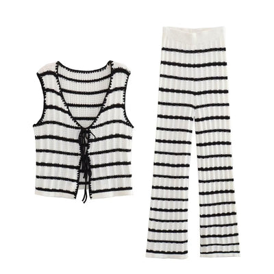 Set - Women - Knit Sleeveless Top and Wide-Leg Trousers - Striped - Ivonne