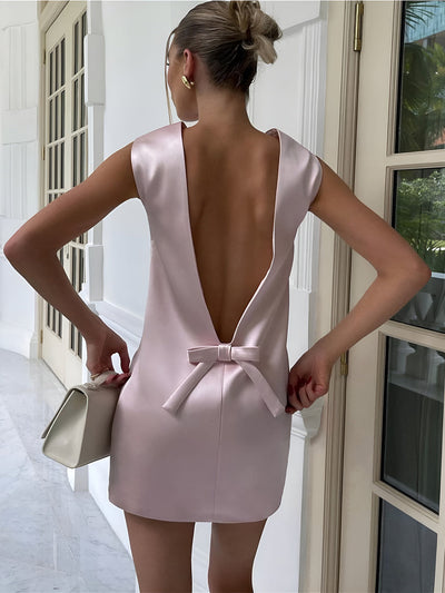 Nina - Satin Backless Bow Detail Short Dress
