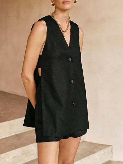 Silvia - V-neck Sleeveless Vest with High-waisted Shorts Set