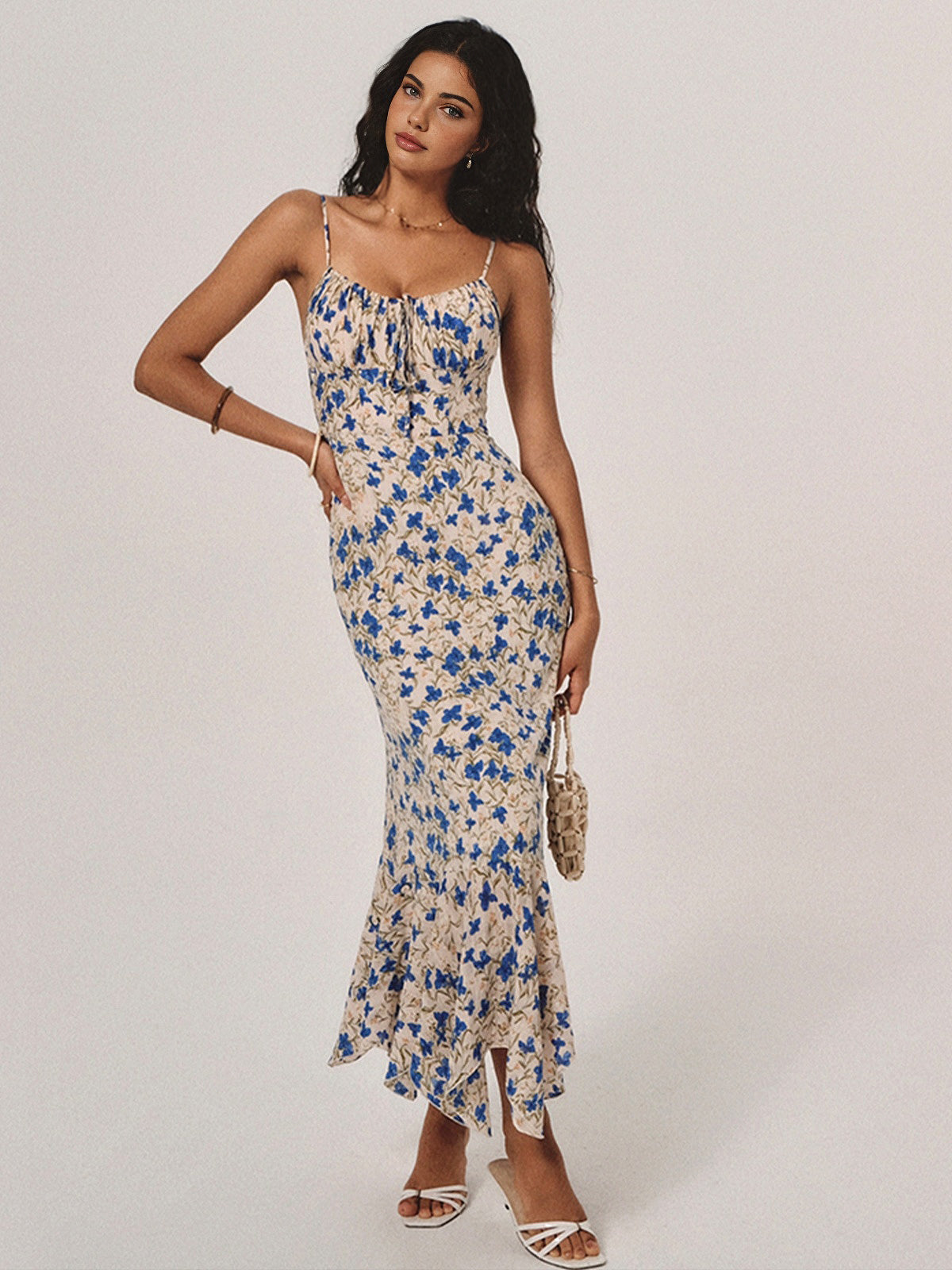 Lily - Floral Print Knotted Irregular Hem Long Dress