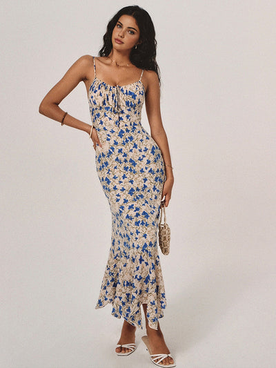 Lily - Floral Print Knotted Irregular Hem Long Dress