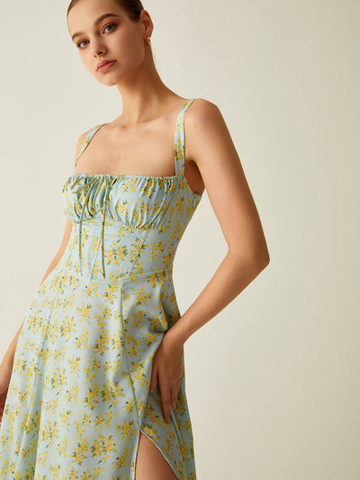 Gabrielle - Midi dress with floral pattern and slit, knotted