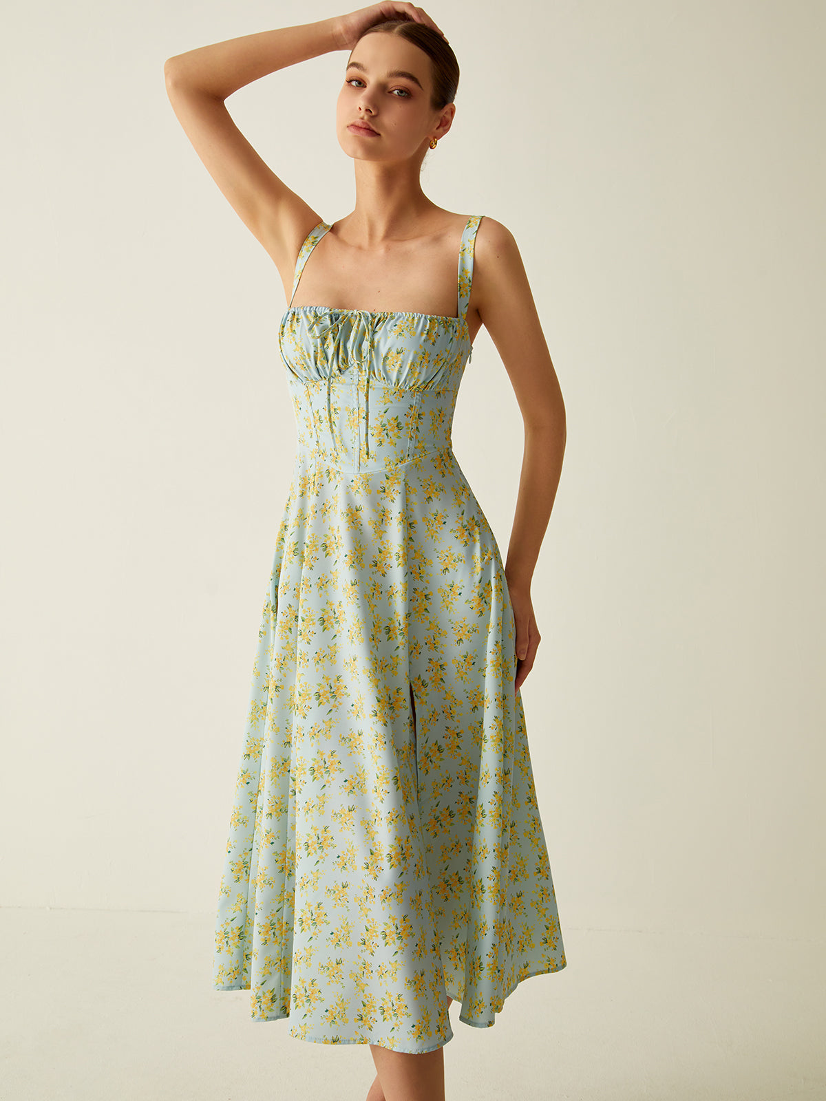 Gabrielle - Midi dress with floral pattern and slit, knotted