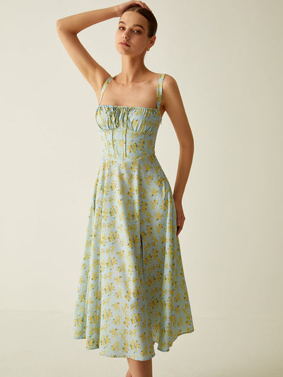 Gabrielle - Midi dress with floral pattern and slit, knotted