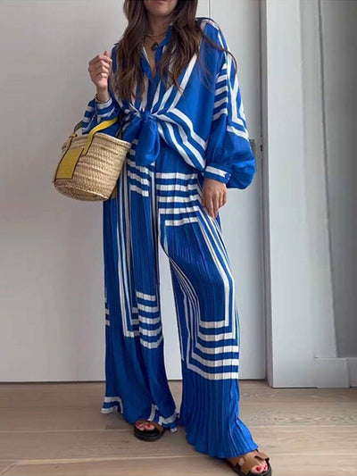 Set - Women - Geometric Print Long-Sleeve Shirt and Pleated Wide-Leg Trousers - Relaxed Fit - Ariana
