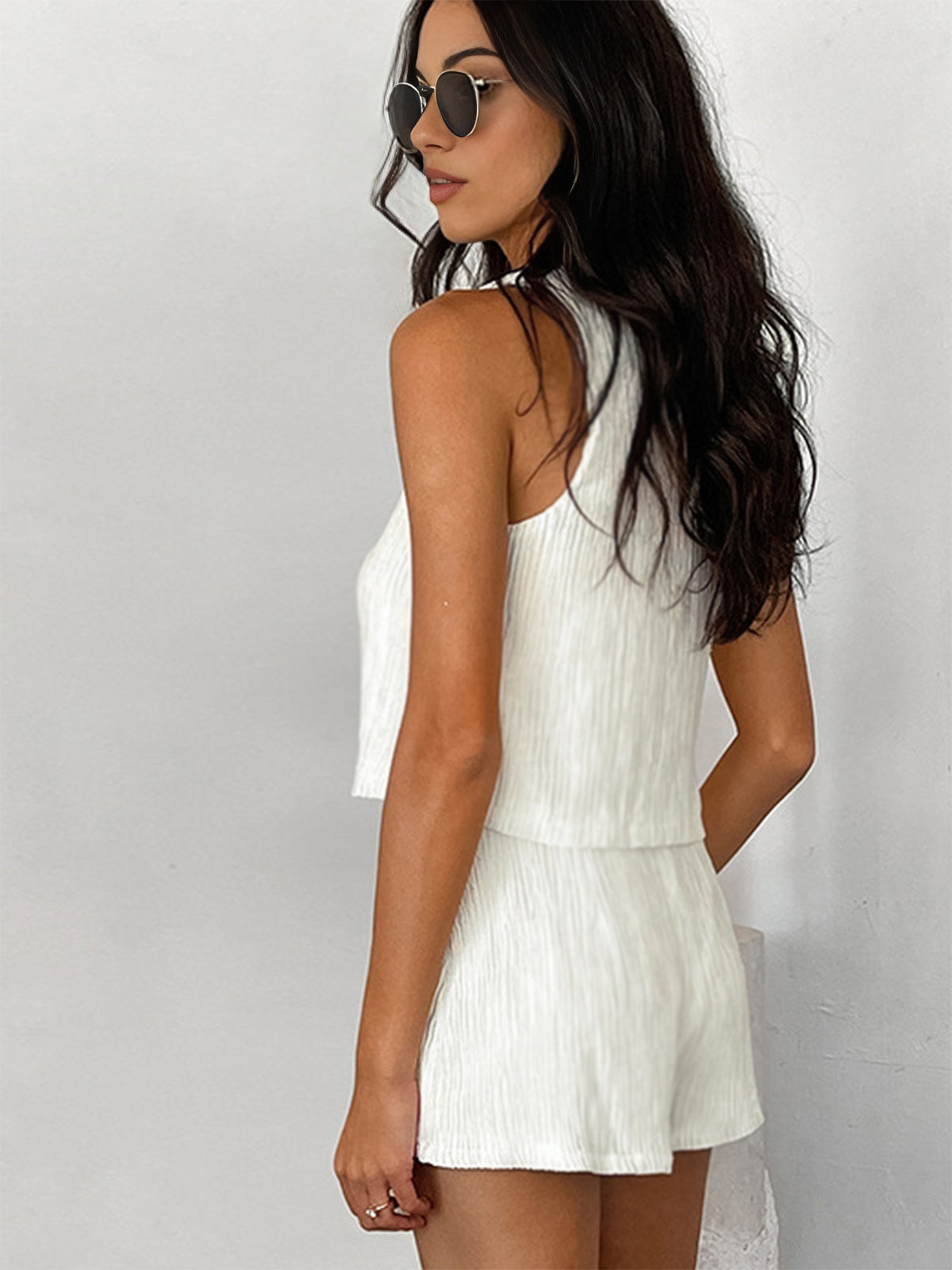 Zaida - Solid Tie Front Vest With Shorts Set