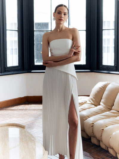 Charlotte - Solid Pleated Strapless Split Dress