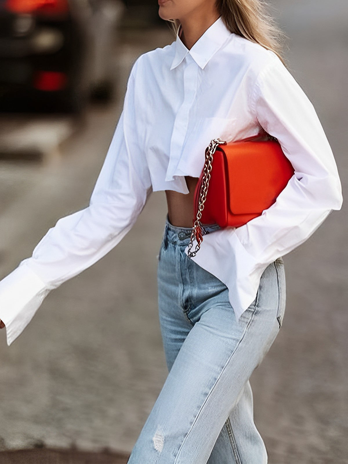 Blouse - Women - Cropped Button-Up with Oversized Sleeves - White Poplin - Amara