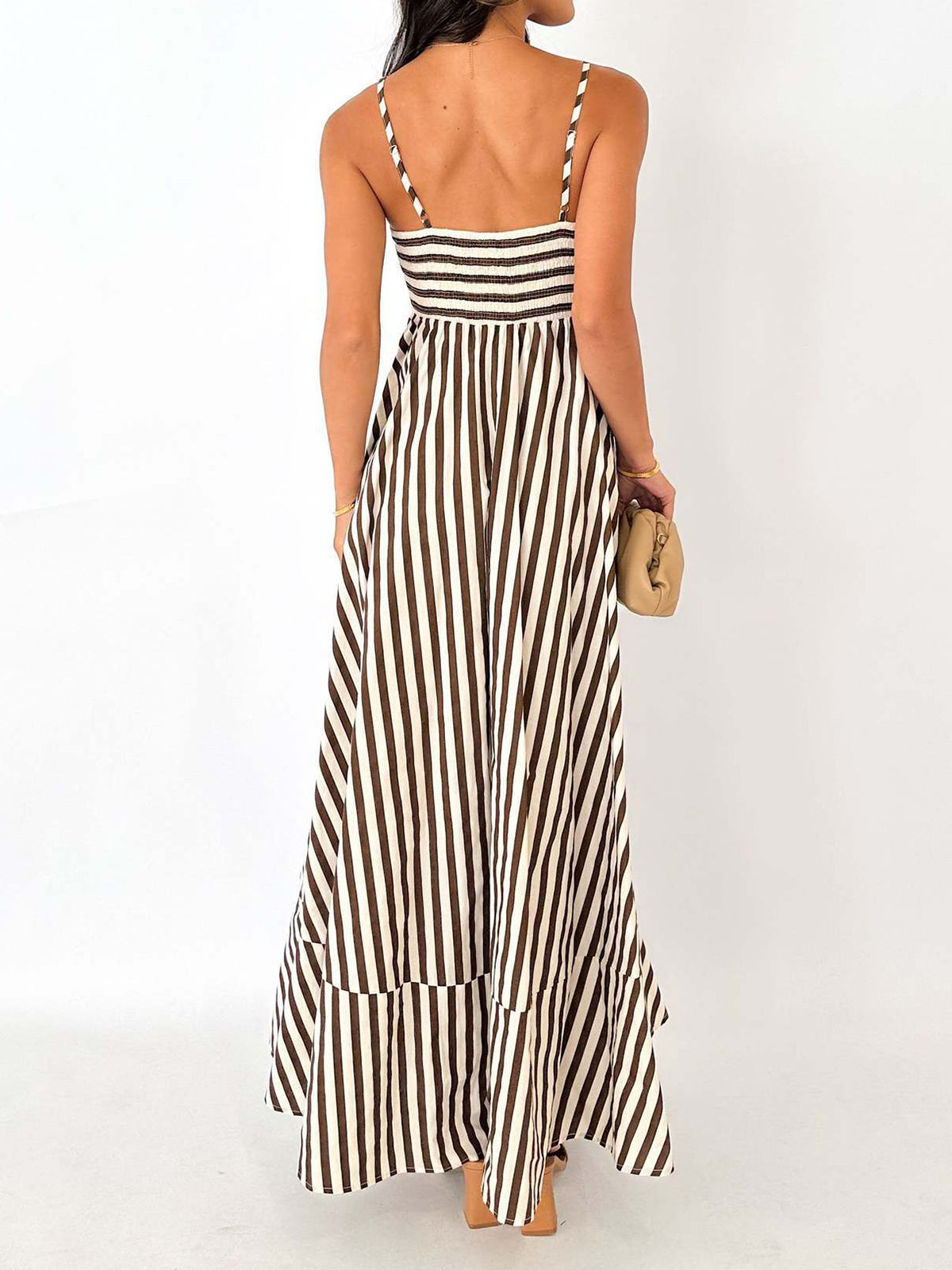 Striped Maxi Dress – Sleeveless Pleated Summer Dress in Mocha & Cream – Noemi