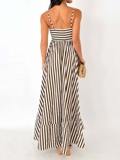 Striped Maxi Dress – Sleeveless Pleated Summer Dress in Mocha & Cream – Noemi